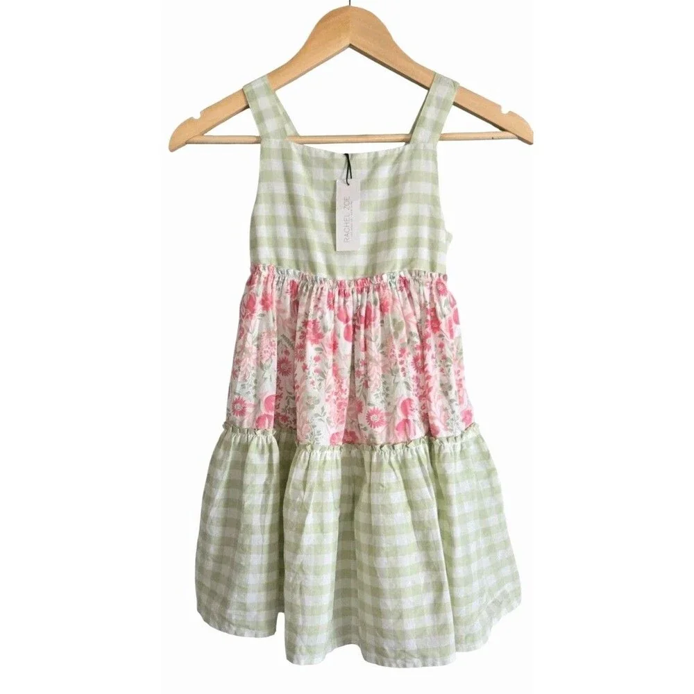 NWT RACHEL ZOE Girls Dress Floral Tiered Check Green Pink Shirred Back Size 7